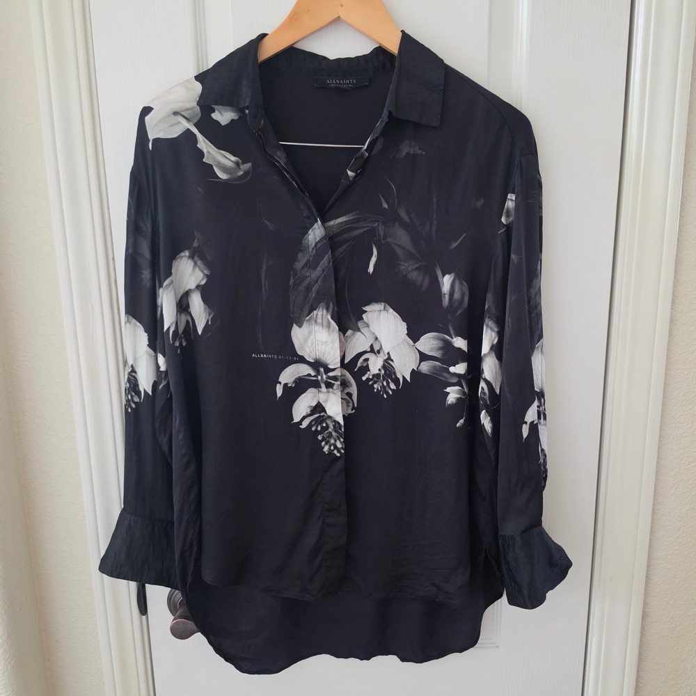AllSaints Bernie Kosumoso Floral Shirt Black White Viscose US 2